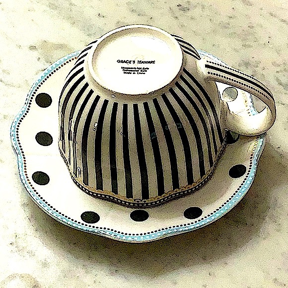 GRACES TEAWARE FLAT CUP SAUCER SET BLACK STRIPE & DOTS METALLIC GOLD DOTS NEW - Picture 7 of 14